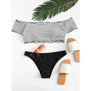 Off the Shoulder Striped Two-Piece Bathing Suit